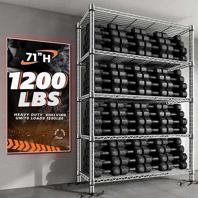 REIBII 5 Tier Metal Shelving Storage Shelves, 71''H Adjustable Wire Shelves Garage Shelving Unit for Kitchen, Pantry, Laundry Room, Warehouse, Office, 71H X 35.5W X 14D, Chrome - Image 7
