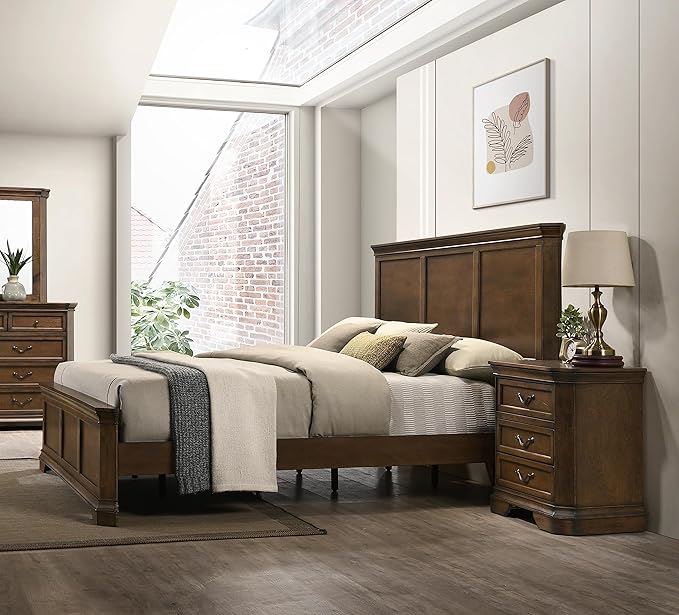 Roundhill Furniture Maderne 3-Piece Bedroom Set with Queen Size Panel Bed and Two Nightstands, Antique Walnut Finish