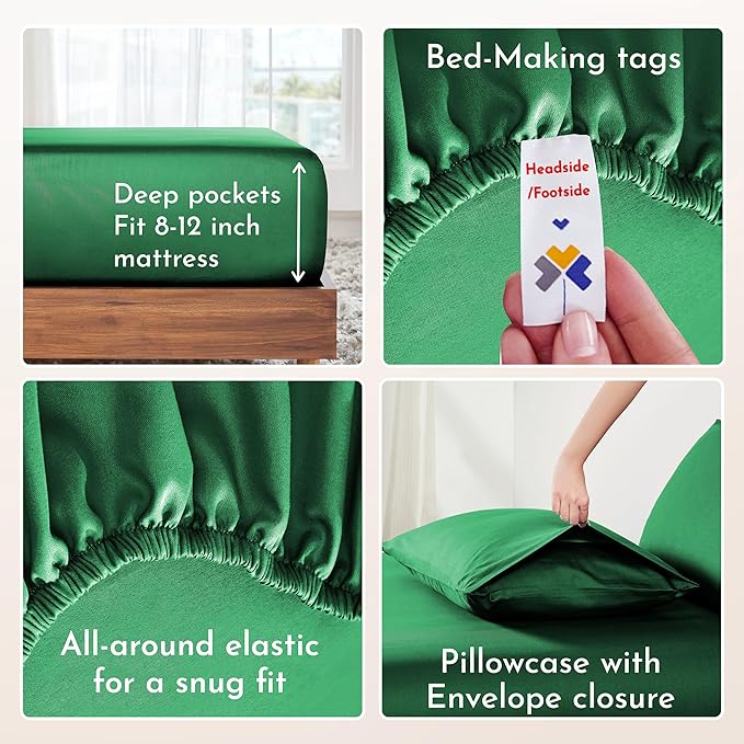 California Design Den Twin XL Bed Sheets Set - Natural 100% Cotton Sheets with 12" Pockets, Soft Sateen Weave, Breathable and Durable Bedding Set for Dorm Rooms, College (Emerald Green)