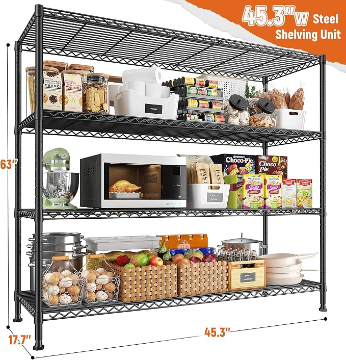 REIBII Storage Shelves 45.3''W Wire Shelving Unit 4 Tier Metal Shelves for Storage Rack Metal Shelving for Pantry Shelves Kitchen Steel Shelving, 45.3''W*63''H*17.7" D - Image 3