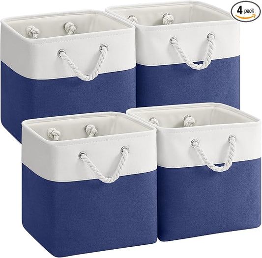 12 x 12 Inch Cube Storage Bins, 4 Pack Fabric Storage Basket with Handles, Foldable Boxes Organizer for Shelf Baskets for Home, Clothes (White/Blue) by VQRTEXAStorageBasket
