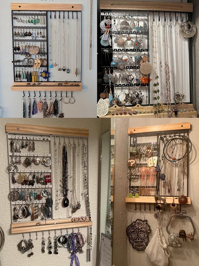 Feyejade Hanging Jewelry Organizer, 5-Tier Wall Earring Holder with Wooden Ring Groove, Jewelry Rack Wall Mounted for Earrings, Necklaces, Bracelets and Rings, Jewelry Holder Stand, Black - Image 6