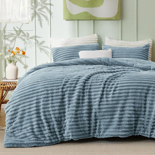 Bedsure Full Size Comforter Sets - GentleSoft™ 3 Pieces Double-Side Fleece Fluffy Mineral Blue Comforter Set, Cozy Striped Room Decor Aesthetic, Luxury Full Size Bedding, 2 Pillowcases, 82x86 Inches