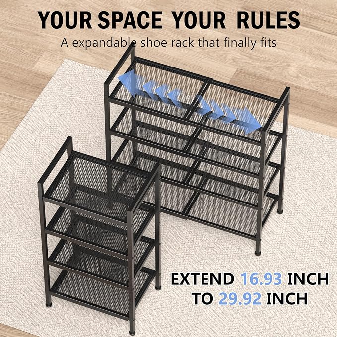 4 Tier Shoe Rack, Expandable Shoe Rack for Closet, Adjustable Shoe Organizer for Entryway, Shoe Storage Organizer for Door Entrance, Garage, Bedroom - Image 4