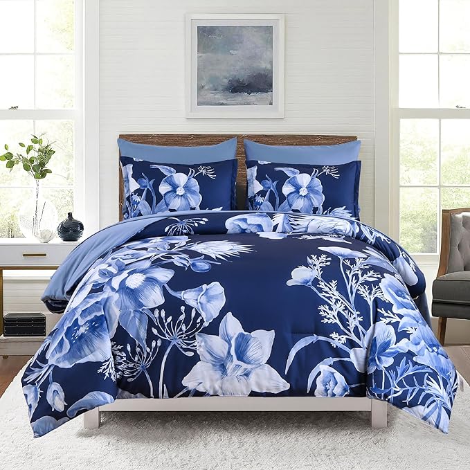 Luxudecor Floral Comforter Set Full Size 7 Piece, Navy Blue Flower Bed in a Bag, Elegant Floral Comforter with Sheet Set, Soft Microfiber Bedding Set for All Season (Navy Blue, 80"x90")