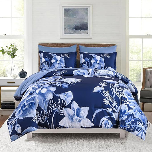 Luxudecor Floral Comforter Set Full Size 7 Piece, Navy Blue Flower Bed in a Bag, Elegant Floral Comforter with Sheet Set, Soft Microfiber Bedding Set for All Season (Navy Blue, 80"x90")