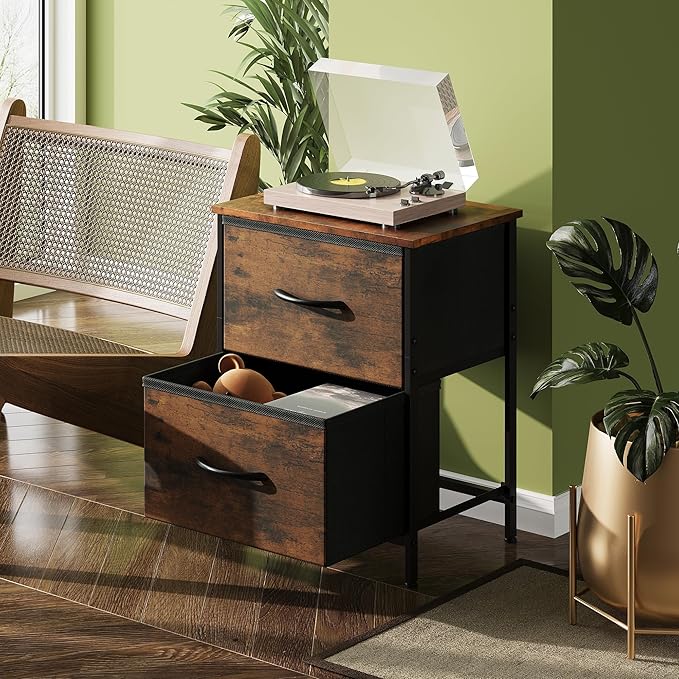 WLIVE Night Stand, Small Dresser with 2 Drawers & Wooden Top, Nightstand with Fabric Bins, Bedside Table End Table for Bedroom, Closet, Entryway, College Dorm, Rustic Brown