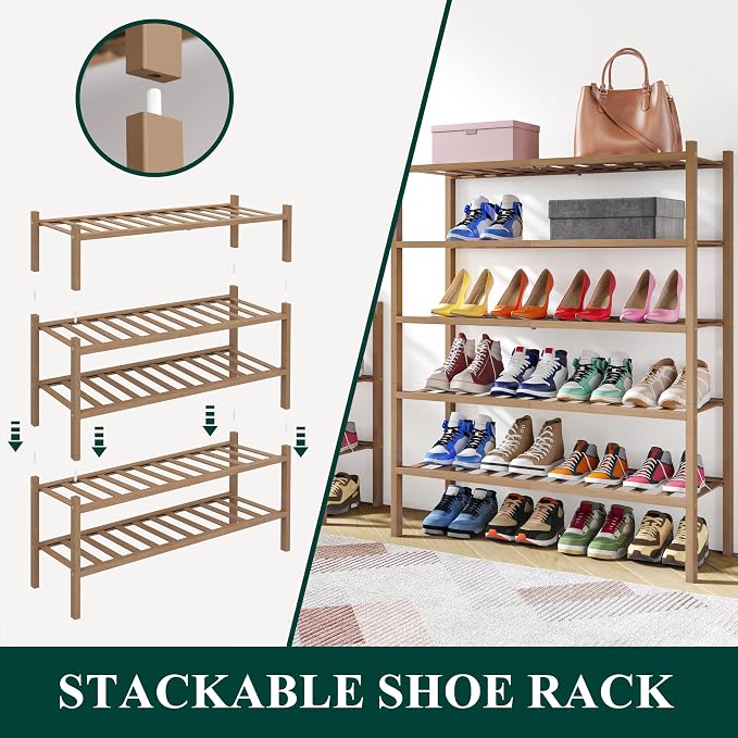 Smiry Shoe Rack, 3 Tier Thick Bamboo Shoe Organizer, Stackable Free Standing Wooden Shoe Storage Shelf for Closet, Entryway, Front Door Entrance, Walnut - Image 4