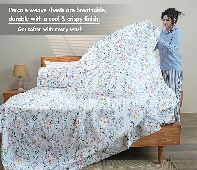 RUVANTI 100% Cotton Sheets – Split King Size Percale Bedding, Cooling & Breathable Floral Design, Durable with a Crisp, Soft & Comfortable Feel, 16" Deep Pocket, 5-Piece Set, Aroma