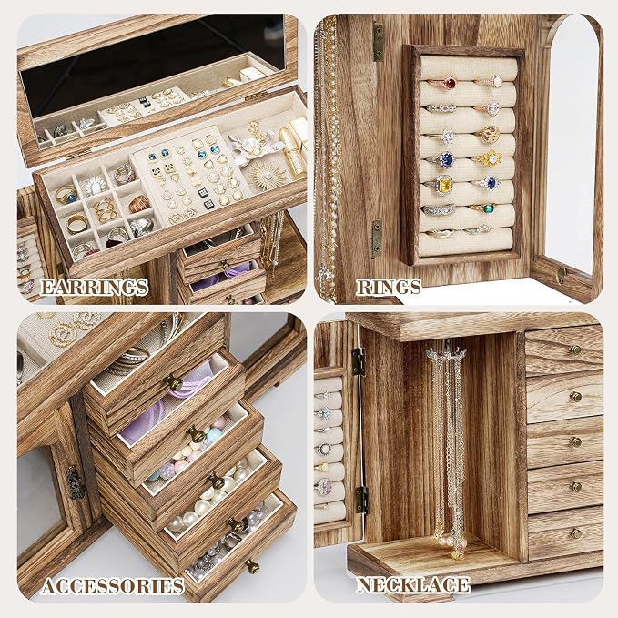 Miratino Jewelry Box for Women Girls, Rustic Wooden Jewelry Organizer Box with Mirror, 5 Layer Jewelry Storage Case Display for Necklaces Earrings Rings Bracelets Valentine's Day Gifts - Image 4