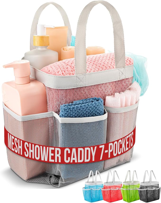 Handy Laundry Mesh Shower Caddy – 7 Pocket Portable Organizer Tote for College Dorm, Gym, Travel & Bathroom – Quick Dry, Collapsible, Lightweight Shower Bag with Handle (Gray) by Handy+Laundry