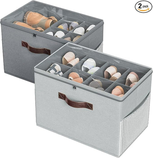 Budding Joy 2 Pack Shoe Organizer for Closet, Clear Foldable Shoe Storage Containers Adjustable Dividers Fits 16 Pairs,Shoe Storage Bins Baskets Boxes with Reinforced Handles Light Grey Greenish Grey by BuddingJoy-BuildaJoyfulLifeforYou