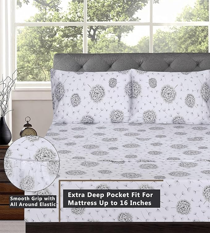 RUVANTI 100% Cotton Sheets – Queen Size Percale Bedding, Cooling & Breathable Floral Design, Durable with a Crisp, Soft & Comfortable Feel, 16" Deep Pocket, 4-Piece Set, Dandelion