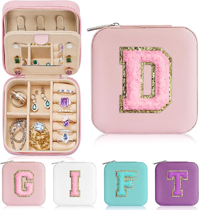 Parima Initial Jewelry Box for Women Girls, Pink Jewelry Travel Case | Chenille Letter Patches Jewelry Box | Multifunctional Personalized Travel Jewelry Case | Birthday Gifts - Letter D, Pink by PARIMA