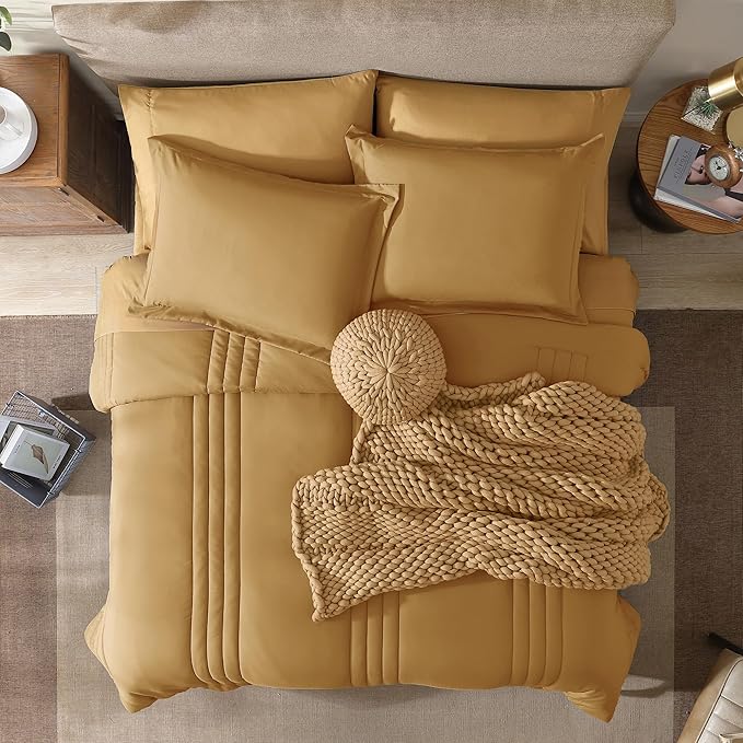 Monbix Queen Comforter Set - 7 Pieces Desert Yellow Bed in a Bag Queen Bedding Sets with Comforters, All Seasons Comforter Bed Set with Sheets, Pillowcases & Shams