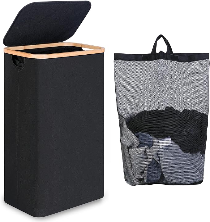 iEGrow 75L Slim Laundry Hamper, Narrow Laundry Basket with Lid,Foldable Clothes Hamper with Bamboo Handles,Hamper Basket with Removable Inner Bag for Laundry Room Bedroom College Dorm,19.8 Gals Black by iEGrow