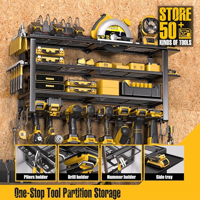 Spampur 420LB Capacity Power Tool Organizer with Charging Station & 6 Outlets | Quick Assembly 4-Layer Heavy Duty Rack for Drills & Batteries | Ultimate Garage Storage & Christmas Gift for Men - Image 7