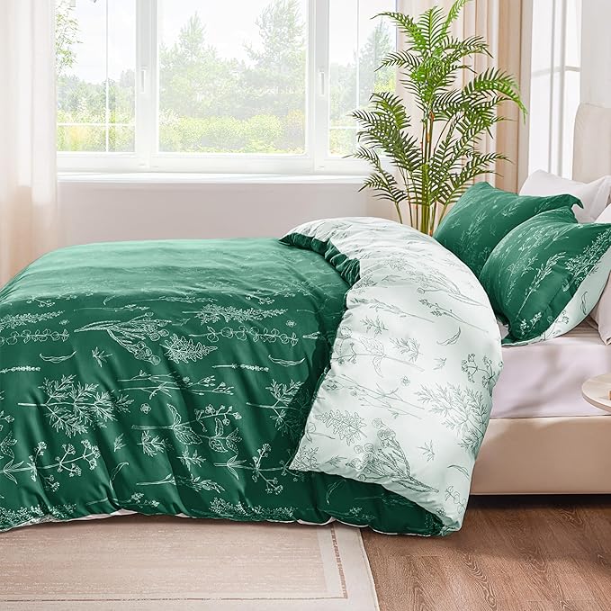 Love's cabin Emerald Full Comforter Set - Full Size Comforter Set, 3 Pieces Cute Floral Bedding Sets for All Seasons,1 Soft Reversible Botanical Flowers Comforter and 2 Pillow Shams