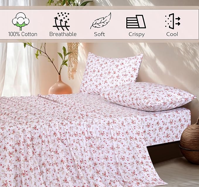 RUVANTI 100% Cotton Sheets – Queen Size Percale Bedding, Cooling & Breathable Floral Design, Durable with a Crisp, Soft & Comfortable Feel, 16" Deep Pocket, 4-Piece Set, Bouquet