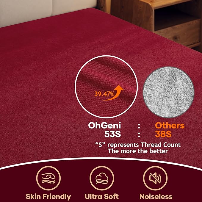 OhGeni 100% Waterproof Mattress Protector, Queen Size Red, Fitted Sheet with Deep Pockets, 6''-18'', Premium Noiseless Breathable Soft Material, Mattresses Cover for Bed