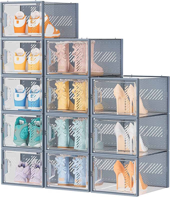 SIMPDIY Shoe Storage, 12 Pack X-Large Shoe Organizer for Closet, Shoe Boxes Clear Plastic Stackable Shoe Storage Boxes for Size 13 by DecorateYourHome