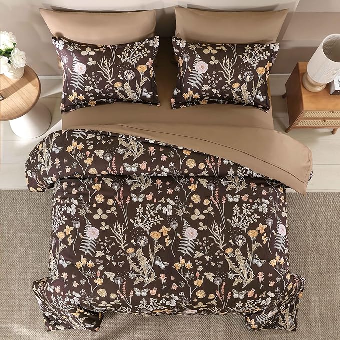Yiran Brown Comforter Set King Size, 7 Piece Floral Comforter Bedding Set, Farmhouse Bed in a Bag, Soft Microfiber Complete Bedding Set with Sheets for All Season
