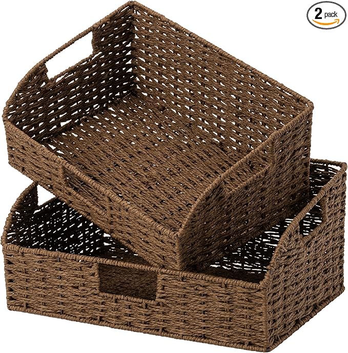 StorageWorks Pantry Baskets for Organizing, Paper Rope Storage Baskets for Shelves with Built-in Handles, Pantry Organizers and Storage, Brown, Set of 2 (Large and Medium) by StorageWorks