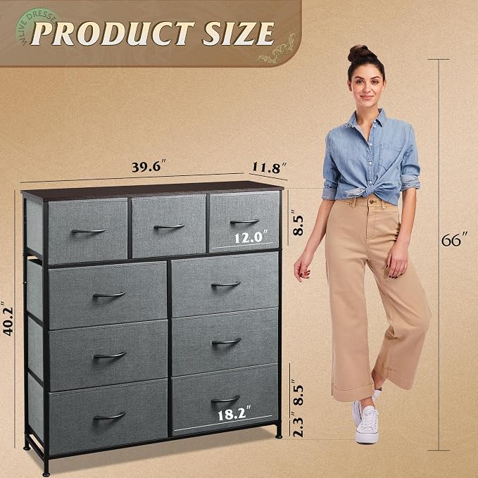 WLIVE 9-Drawer Dresser, Fabric Storage Tower for Bedroom, Hallway, Entryway, Closet, Tall Chest Organizer Unit with Fabric Bins, Steel Frame, Wood Top, Easy Pull Handle, Dark Grey - Image 3