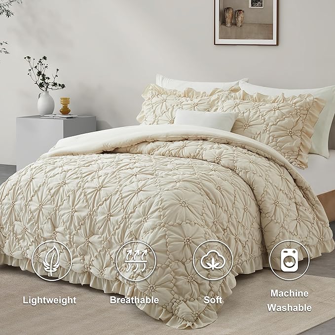 BEDAZZLED King Size Comforter Sets, Beige Bedding Comforter Set, 3 Pieces Pinch Pleat Bedding Sets with Comforter and Pillowcases Soft Farmhouse Shabby Chic Comforter for All Season
