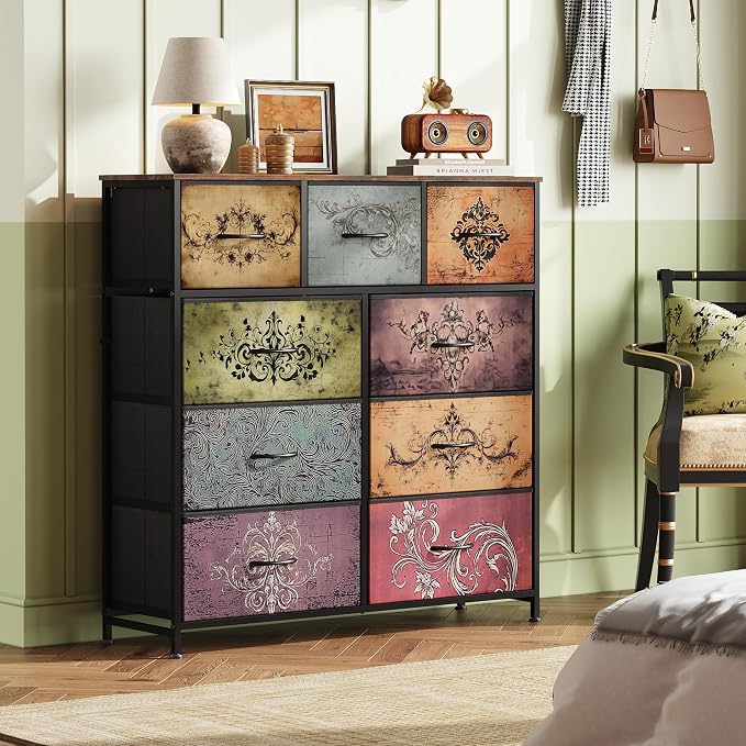 WLIVE 9 Drawer Dresser, Fabric Storage Tower for Bedroom, Hallway, Closet, Tall Chest Organizer Unit for Bedroom with Fabric Bins, Steel Frame, Wood Top, Easy Pull Handle, Pattern - Image 2