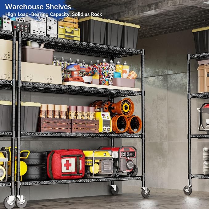 Heavy Duty Shelving, 76.2" H Garage Shelving Unit with Wheels, 4-Tier Garage Storage Shelves Metal Shelves Rack, Adjustable Industrial Shelving for Warehouse Storage, 60" W x 24" D x 76.2" H, Black - Image 7