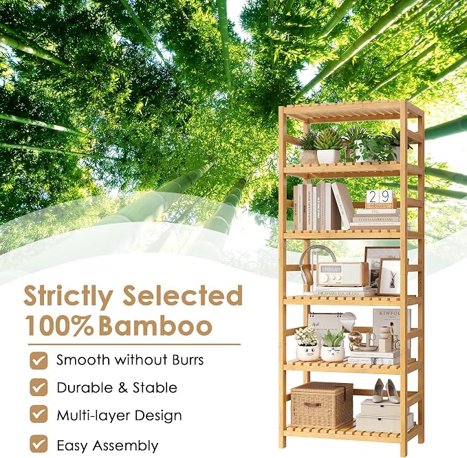 FOTOSOK 6-Tier Bamboo Shelf Set of 2, Bamboo Bookcase with Adjustable Shelves, Free Standing Storage Shelf Unit and Plant Flower Stand, Tall Large Bookshelf for Kitchen, Bathroom, Home Office, Natural - Image 6