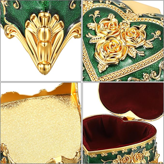 Hipiwe Vintage Jewelry Storage Box Heart Shaped Trinket Box Green Decorative Keepsake Box with Rose Pattern Treasure Organizer Holder for Women - Image 7