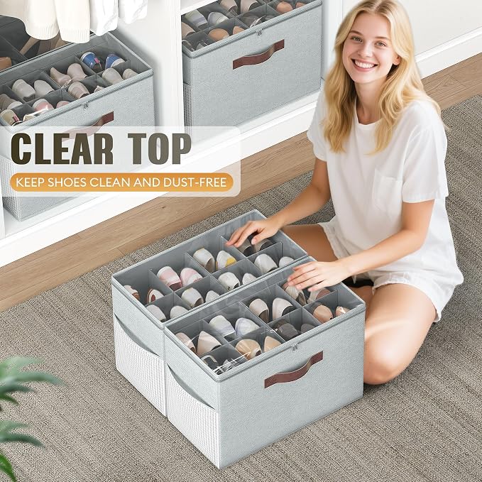 Budding Joy 2 Pack Shoe Organizer for Closet, Clear Foldable Shoe Storage Containers Adjustable Dividers Fits 16 Pairs,Shoe Storage Bins Baskets Boxes with Reinforced Handles Light grey - Image 6
