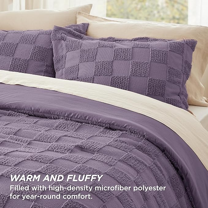 Bedsure King Size Comforter Set Grayish Purple, Boho Tufted Bed Set, Checkered Farmhouse Shabby Chic Bedding, 3 Pieces, 1 Plaid Geometric Comforter and 2 Pillow Shams
