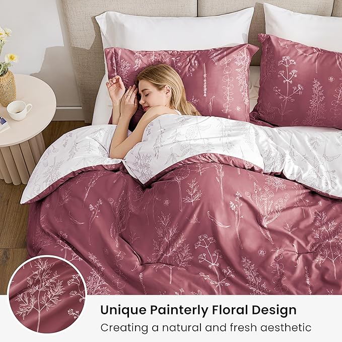 Love's cabin Vintage Rose Comforter Set Queen - Queen Size Comforter Set, 3 Pieces Cute Floral Bedding Sets for All Seasons,1 Soft Reversible Botanical Flowers Comforter and 2 Pillow Shams