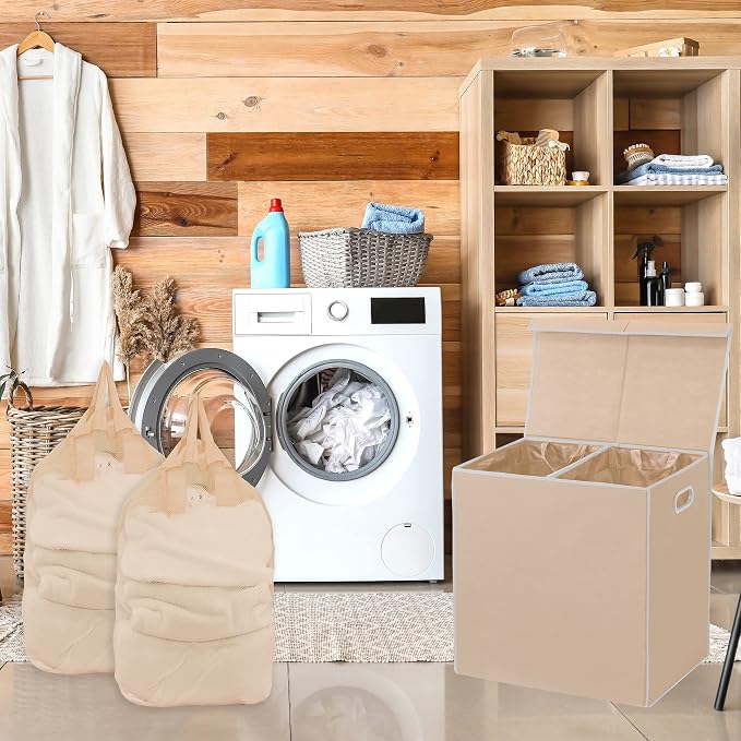 Simple Houseware Double Laundry Hamper with Lid and Removable Laundry Bags, Beige - Image 3