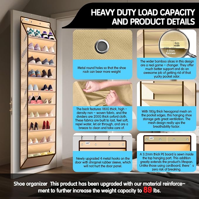 Kotkn 10 Tier Over The Door Organizer - Heavy Duty Hanging Storage Rack with Sturdy Oxford Fabric, Holds 20+ Pairs of Footwear, Boots & Sneakers, Saves 50% Closet Space(Beige) - Image 3