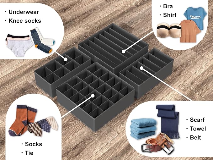 Simple Houseware 4-Pack Drawer Organizer Set - Closet Dividers for Underwear, Socks, Bras, Scarves, Ties - Foldable Non-Woven Storage Boxes, Dark Gray - Image 4