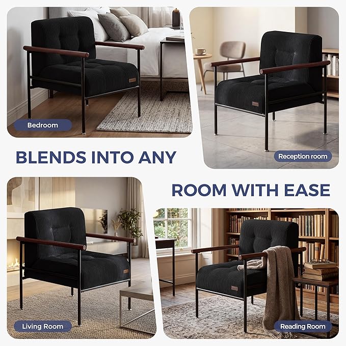 MAXYOYO Living Room Accent Chair, Modern Chair with Sturdy Metal Frame & Wood Armrests, Upholstered Reading Chair with Upholstered Cushion for Bedroom Balcony Porch, Black