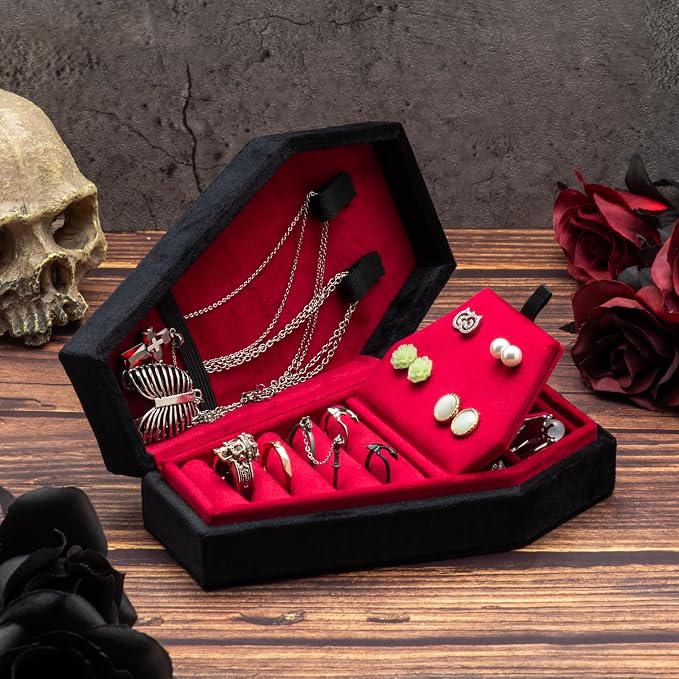 Velvet Coffin Jewelry Travel Case Holder for Gothic Wedding Ceremony Jewelry Organizer Decoration (Black Red 4 Grid) - Image 6