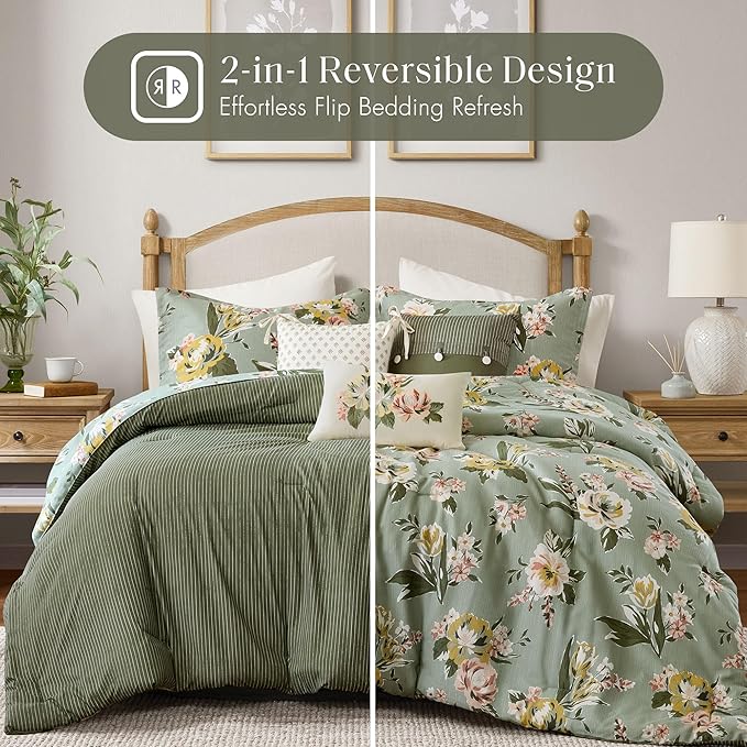 Madison Park Vintage Floral Reversible Comforters King Size Bed, All Season, Down Alternative Bedding Comforter, Bedskirt, Pillows, Shams, Salara, Queen Green 7 Piece | Reversible