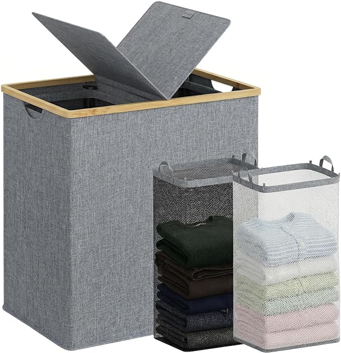 efluky Laundry Hamper with Lid, Double Laundry Hamper with 2 Removable Bags, 2 Section Laundry Basket with Bamboo Handles for Bathroom, Bedroom & Laundry Room, 140L (36.9 Gallon) Blue Grey by efluky