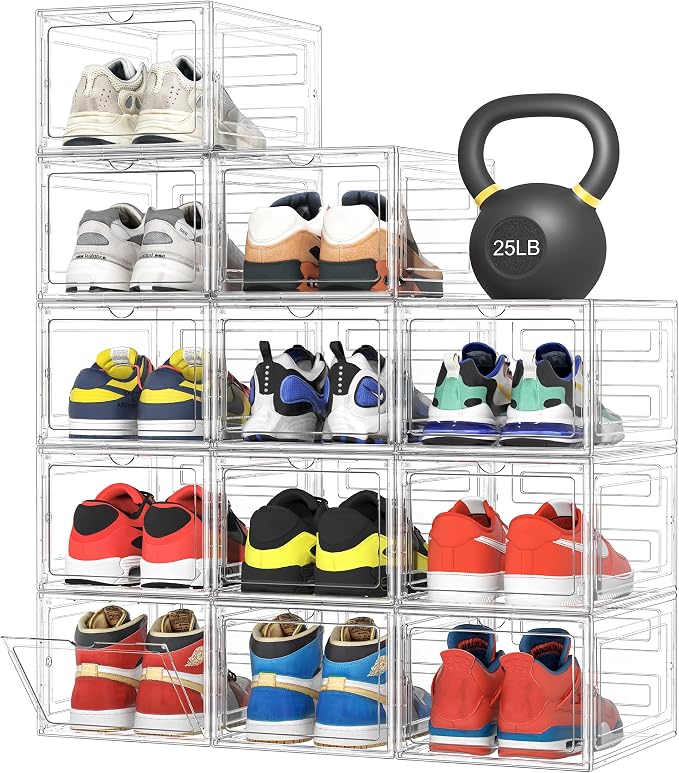 Pinkpum Upgraded Hard Shoe Storage Box 12 Pack X-Large Fit Size 12, Thicken & Sturdy Clear Plastic Stackable Shoe Organizer Box Closet, Sneaker Storage Display Case Holder Bins with Magnetic Door by Pinkpum