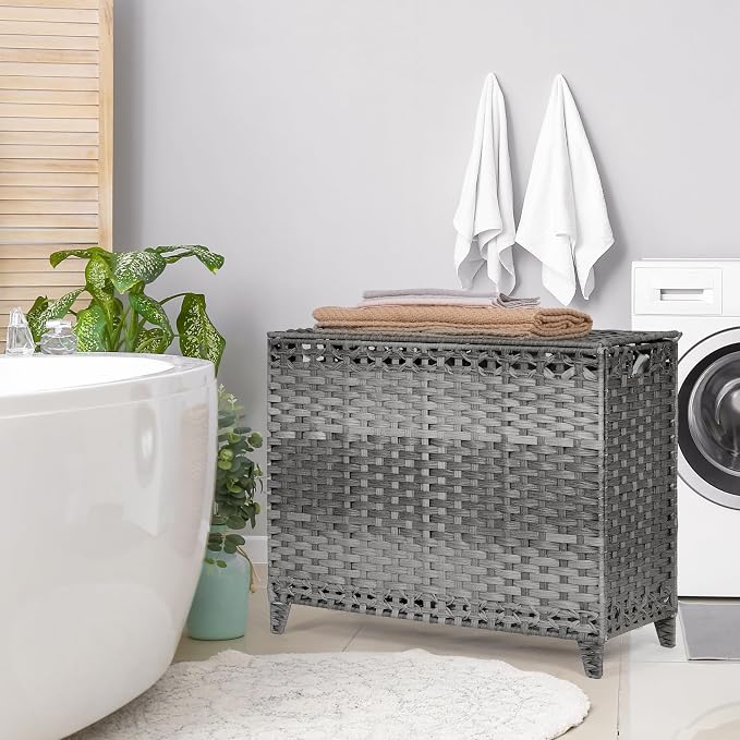 Laundry Hamper with 4 Removable Liner Bags; 176L Handwoven Rattan Laundry Basket with Lid & Heightened Feet; Clothes Hamper with Side Handles - Image 8