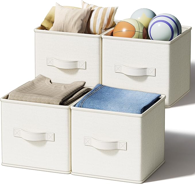 LayerSpace 4 Pack Foldable Fabric Closet Storage Bins, 11Inch Organizer Cubes with Handles, Linen Storage Boxes for Clothes, Toys, Books and Home Organization, White& Ivory by LaySpace-YourRoomOrganizer