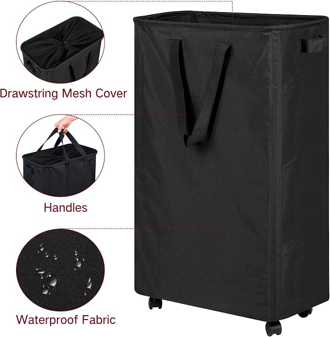 efluky Slim Laundry Hamper with Wheels, Rolling Laundry Basket for Clothes, Small Laundry Basket for Bedroom, Dorm and Laundry Room, 75L (19.8 Gallons) Black - Image 5