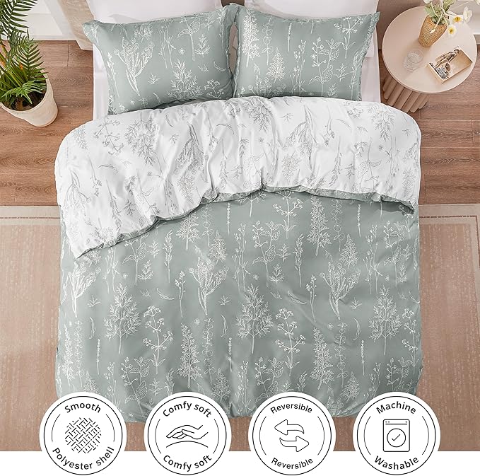 Love's cabin Grey King Comforter Set - King Size Comforter Set, 3 Pieces Cute Floral Bedding Sets for All Seasons,1 Soft Reversible Botanical Flowers Comforter and 2 Pillow Shams
