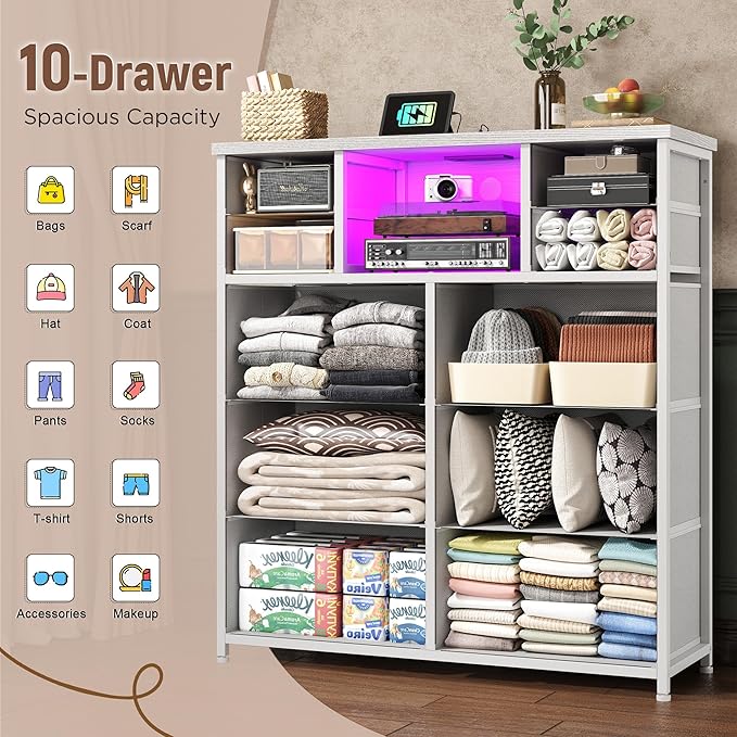 Romorgniz White Dresser for Bedroom with 10 Drawers Featuring LED Light and Power Outlet, Fabric Dressers & Chest of Drawers with Open Shelves for Hallway, Living Room, Steel Frame,Wood Top