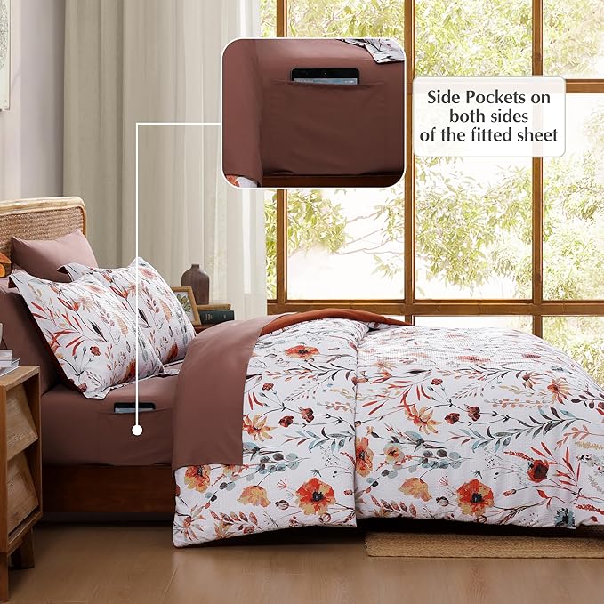 CASAAGUSTO King Comforter Set, 7 PCS White Floral Comforter Set with Terracotta Flowers Leaves Pattern, Soft Seersucker Design All Season King Bedding Set(102"X90")